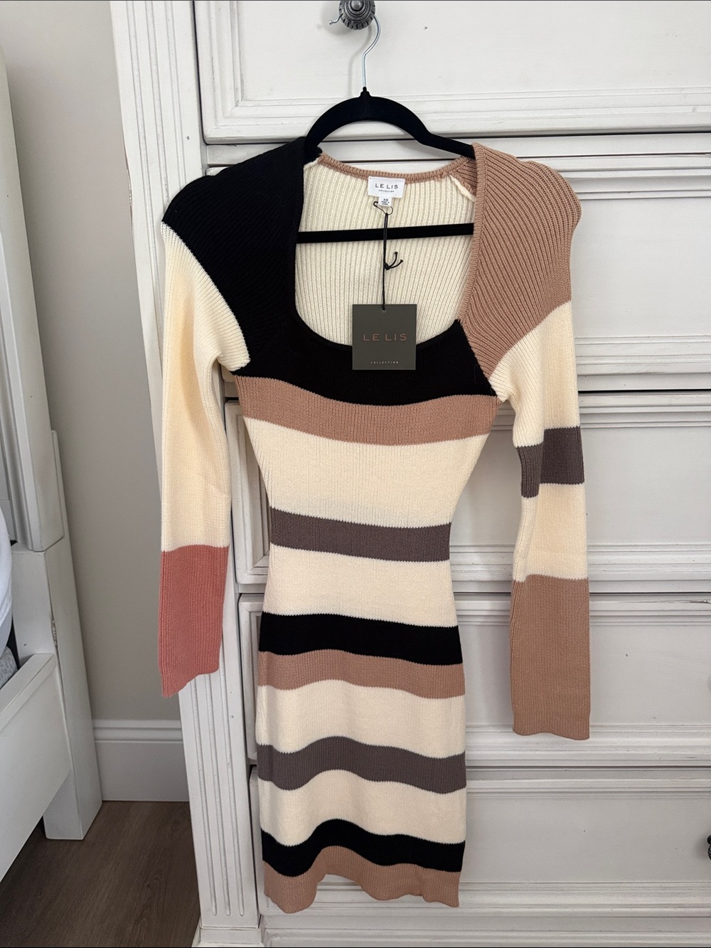Le Lis Striped Rib-Knit Bodycon Dress in Cream, Black, Tan & Pink